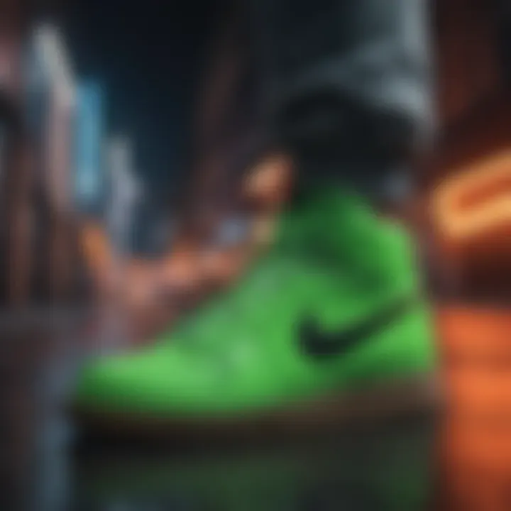 Street style shot featuring neon green Nike sneakers in a trendy outfit