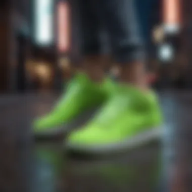 Vibrant neon green Nike sneakers showcased against an urban backdrop