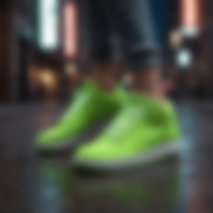 Vibrant neon green Nike sneakers showcased against an urban backdrop