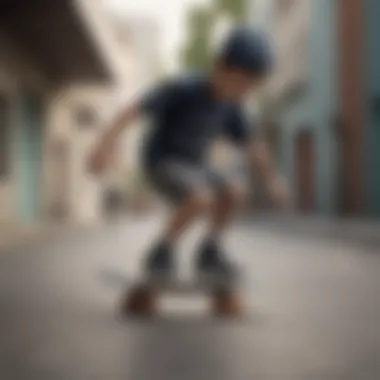 A young child wearing Nike SB infant shoes while practicing skateboarding.