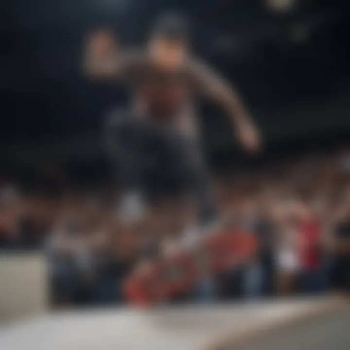 Nyjah Huston performing a trick at a skateboarding event, captivating the audience