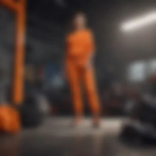 Orange joggers against a backdrop of extreme sports gear and equipment
