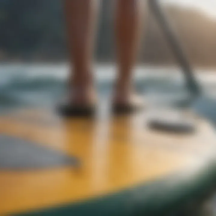 A close-up view of a paddle board showcasing its surface texture and condition.