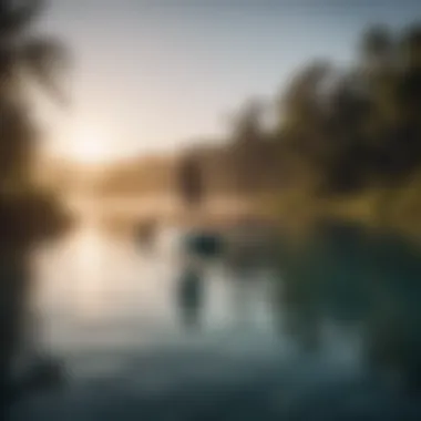 A serene scene of a paddle boarder on calm waters, emphasizing the experience of paddle boarding.