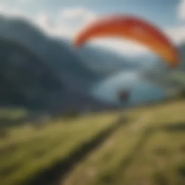 An exhilarating moment captured as a paraglider prepares for takeoff at a scenic launch site.