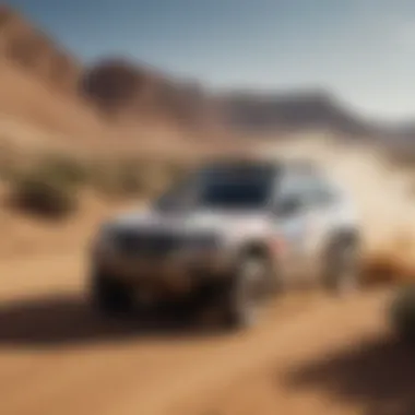 A rally vehicle navigating through a desert landscape