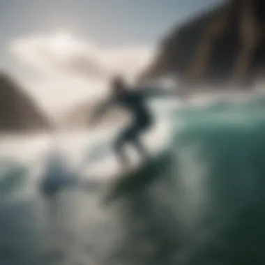 Surfer in Action Surfer wearing a Patagonia surf suit, riding a wave in a stunning ocean backdrop.
