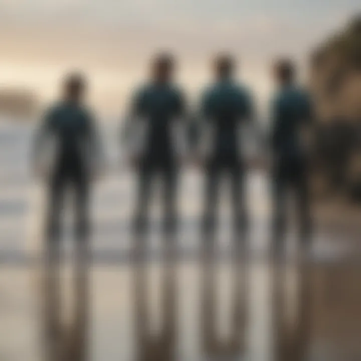 A group of surfers discussing their Patagonia surf suits on the beach, highlighting community culture.