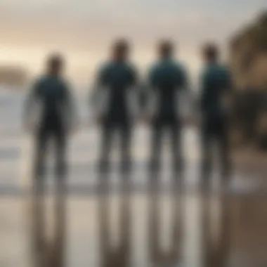 Surfing Community Discussion A group of surfers discussing their Patagonia surf suits on the beach, highlighting community culture.