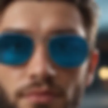 Close-up of Ray-Ban blue mirror sunglasses highlighting advanced lens technology