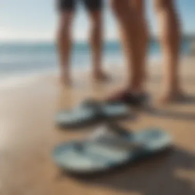 A group of surfers wearing Reef flip flops by the beach