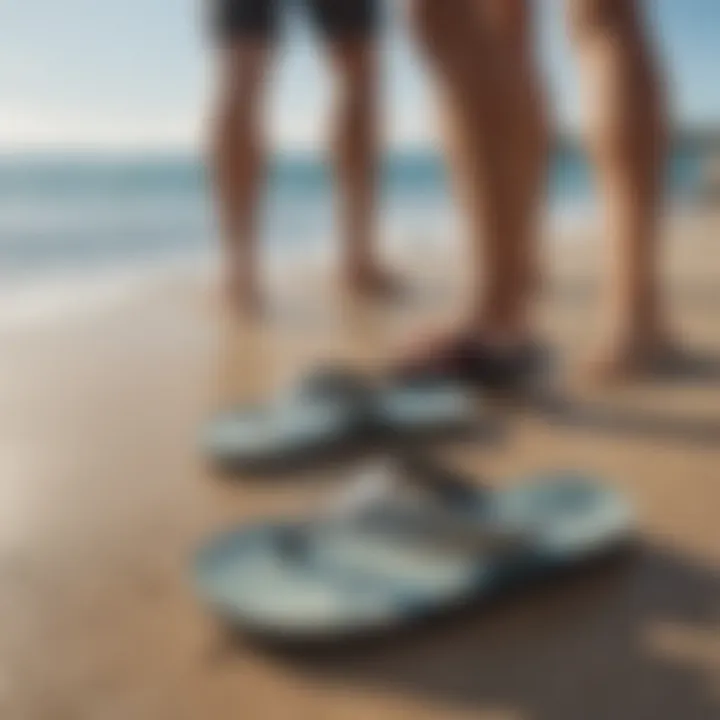 A group of surfers wearing Reef flip flops by the beach