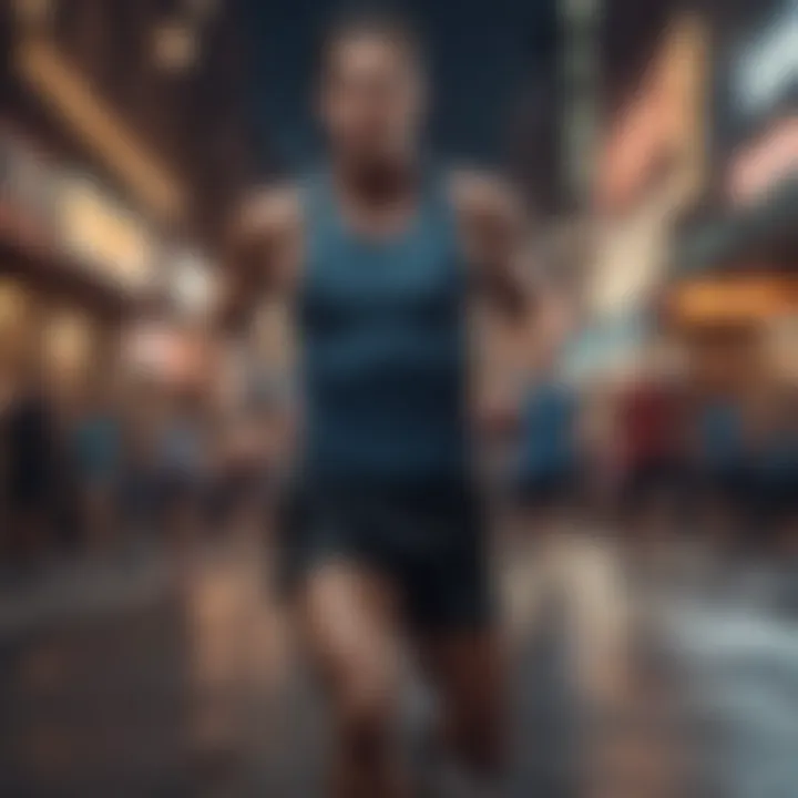 A dynamic scene showcasing athletes engaging in running within an urban environment.