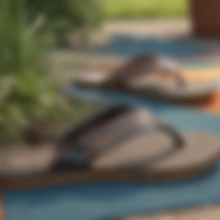 A pair of Sanuk sandals resting next to a colorful yoga mat in a serene park setting.