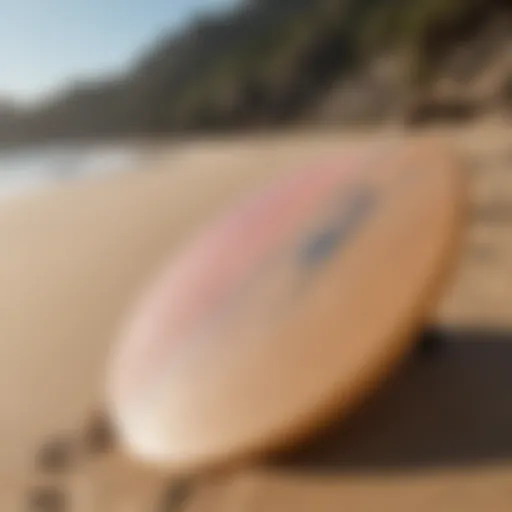 A variety of skimboards displayed on a sandy beach