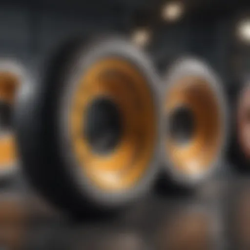 Close-up view of skateboard wheels showcasing different sizes and designs.
