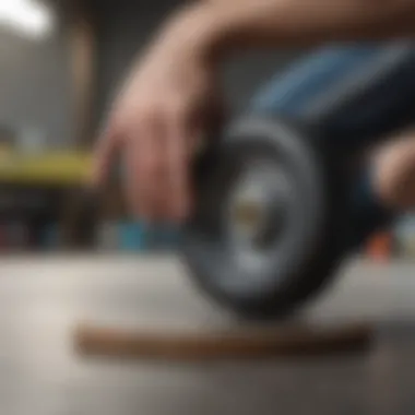 Skater examining the hardness of skateboard wheels with a durometer.