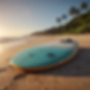 A well-maintained used surfboard displayed against a vibrant beach backdrop