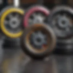 Close-up view of various skate wheels showcasing material diversity