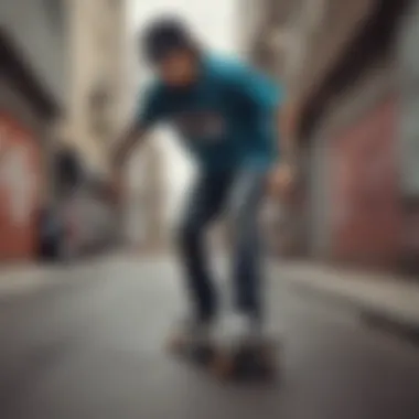 Urban Style in Skateboard Fashion A skateboarder showcasing stylish urban apparel in an urban backdrop.