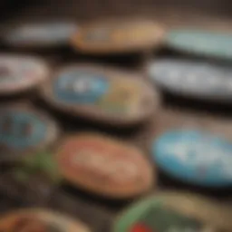 Artistic representation of a skateboard deck showcasing brand logos