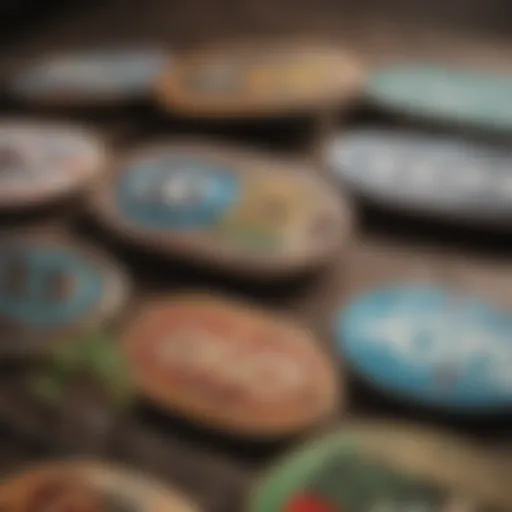 Artistic representation of a skateboard deck showcasing brand logos