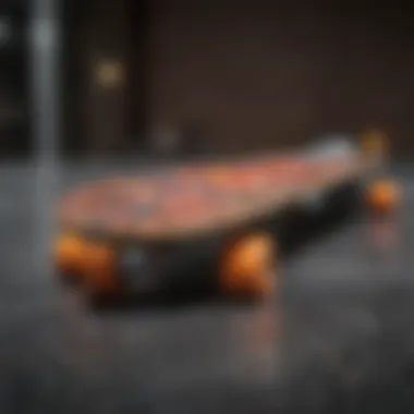 Close-up of skateboard deck materials and design elements