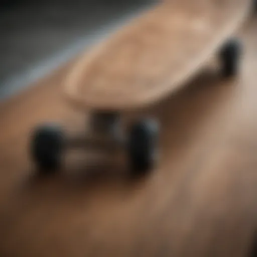 Close-up of a small long board showcasing its intricate design and craftsmanship