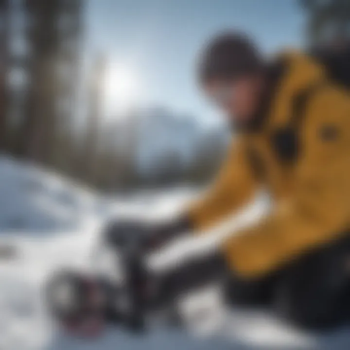 An experienced splitboarder adjusting their equipment in a snow-covered landscape.