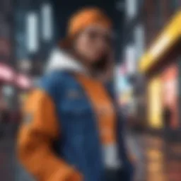 Stylish streetwear outfit displayed on a vibrant urban backdrop