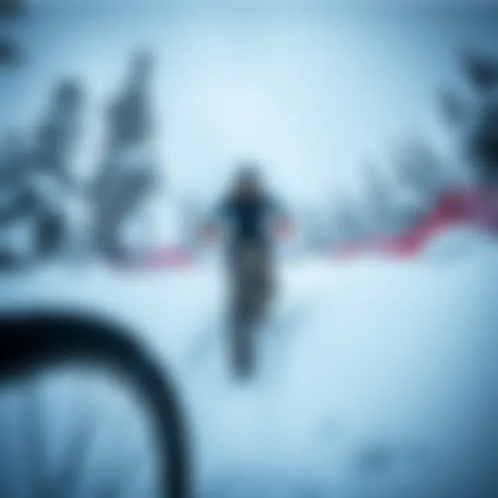 Mountain Biker Conquering Snowy Terrain Mountain biker navigating a snowy trail with studded tires