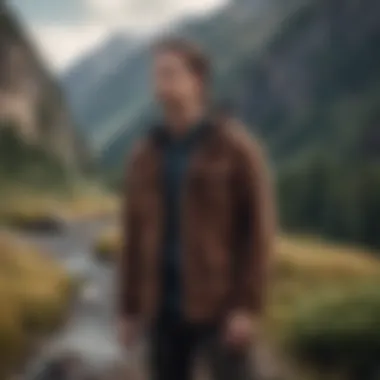 Stylish dark brown flannel jacket against a scenic backdrop