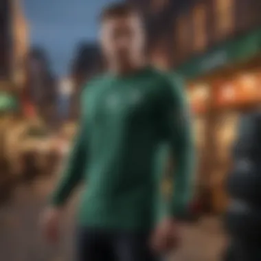 A stylish long sleeve green t-shirt paired with outdoor gear