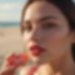 Vibrant shades of Sun Bum Lip Tint displayed against a sandy beach backdrop.