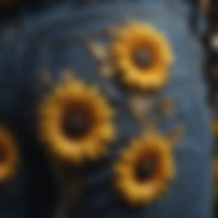 Close-up view of sunflower jeans showcasing intricate design details.