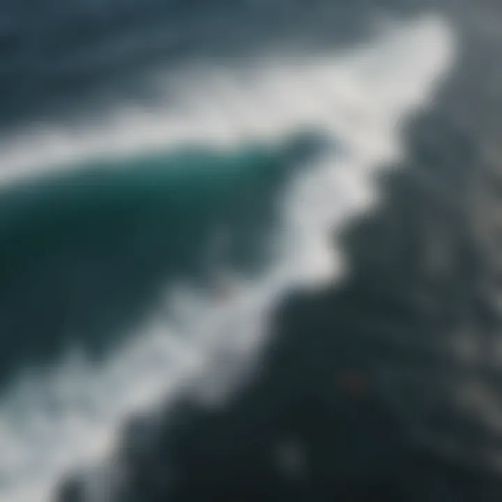 An aerial view of surfers riding the waves along Hilo's coastline.