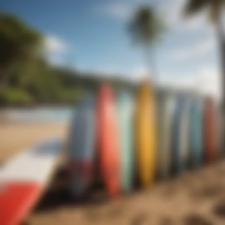 An array of surfboards lined up against a stunning Hawaiian beach, highlighting the surf culture.