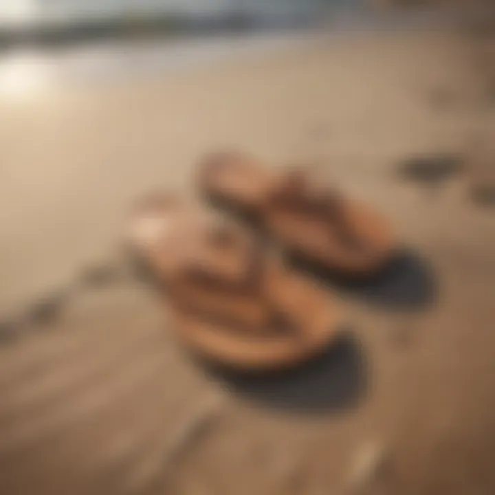 Elegant tan leather flip flops on a sandy beach