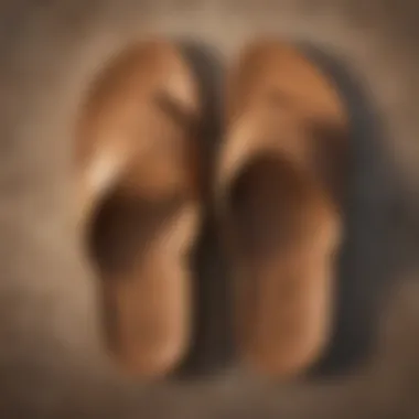 Close-up of the texture of tan leather flip flops