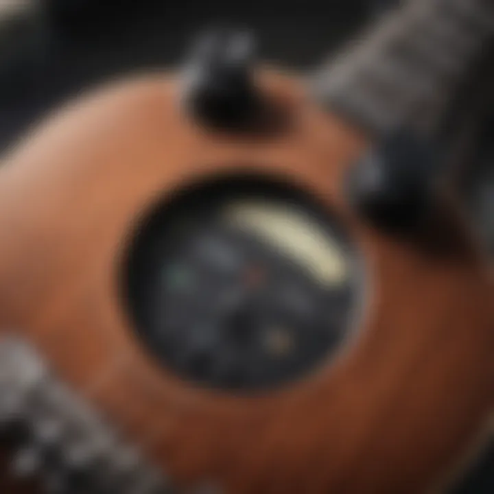 A close-up view of a tenor ukulele tuner displaying accurate pitch readings.