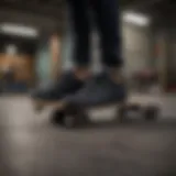 All black low Vans on a skateboard