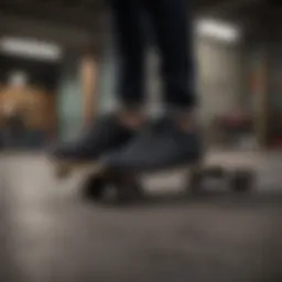All black low Vans on a skateboard