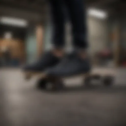 All black low Vans on a skateboard
