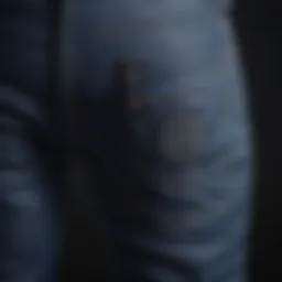 Close-up detailing of dark blue biker jeans showcasing stitching and texture