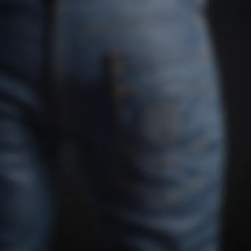 Close-up detailing of dark blue biker jeans showcasing stitching and texture