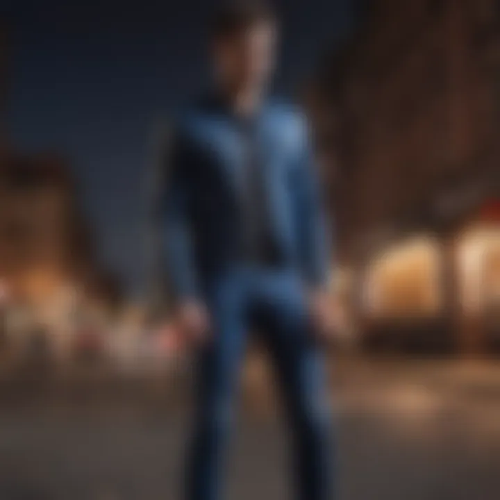 Stylish individual wearing dark blue biker jeans in an urban setting