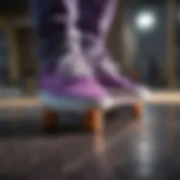 A vibrant pair of purple Vans on a skateboard