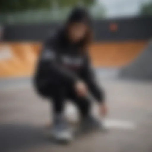 Dynamic portrayal of a black checkered Vans hoodie in action at a skate park.