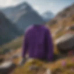 A vibrant purple knit sweater showcased against a rugged mountain backdrop.