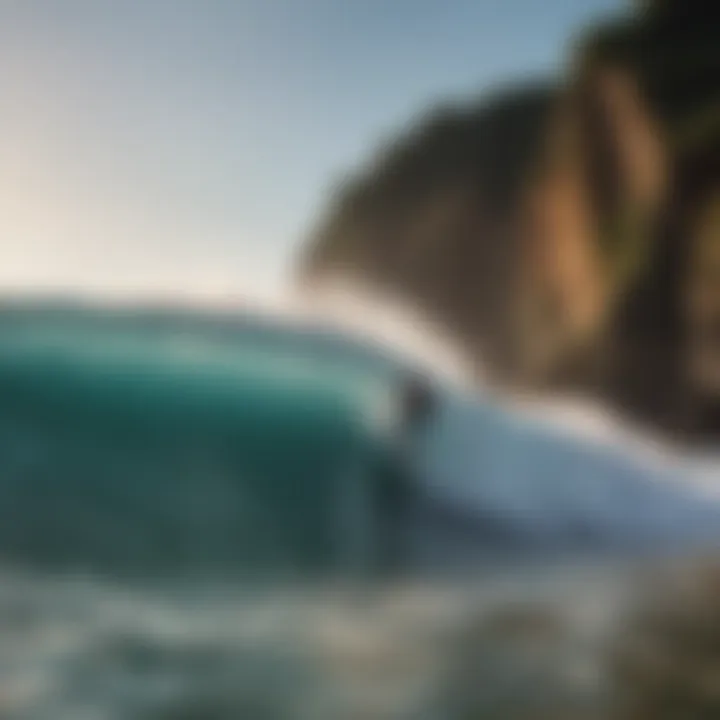 A picturesque beach scene with a surfer performing hanging ten